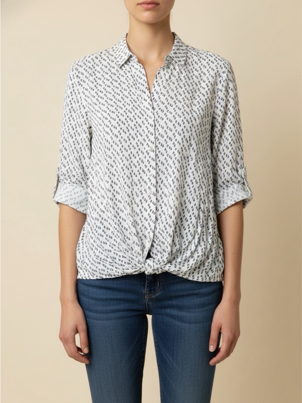 Women's White Printed Button-Down Knot Front Top